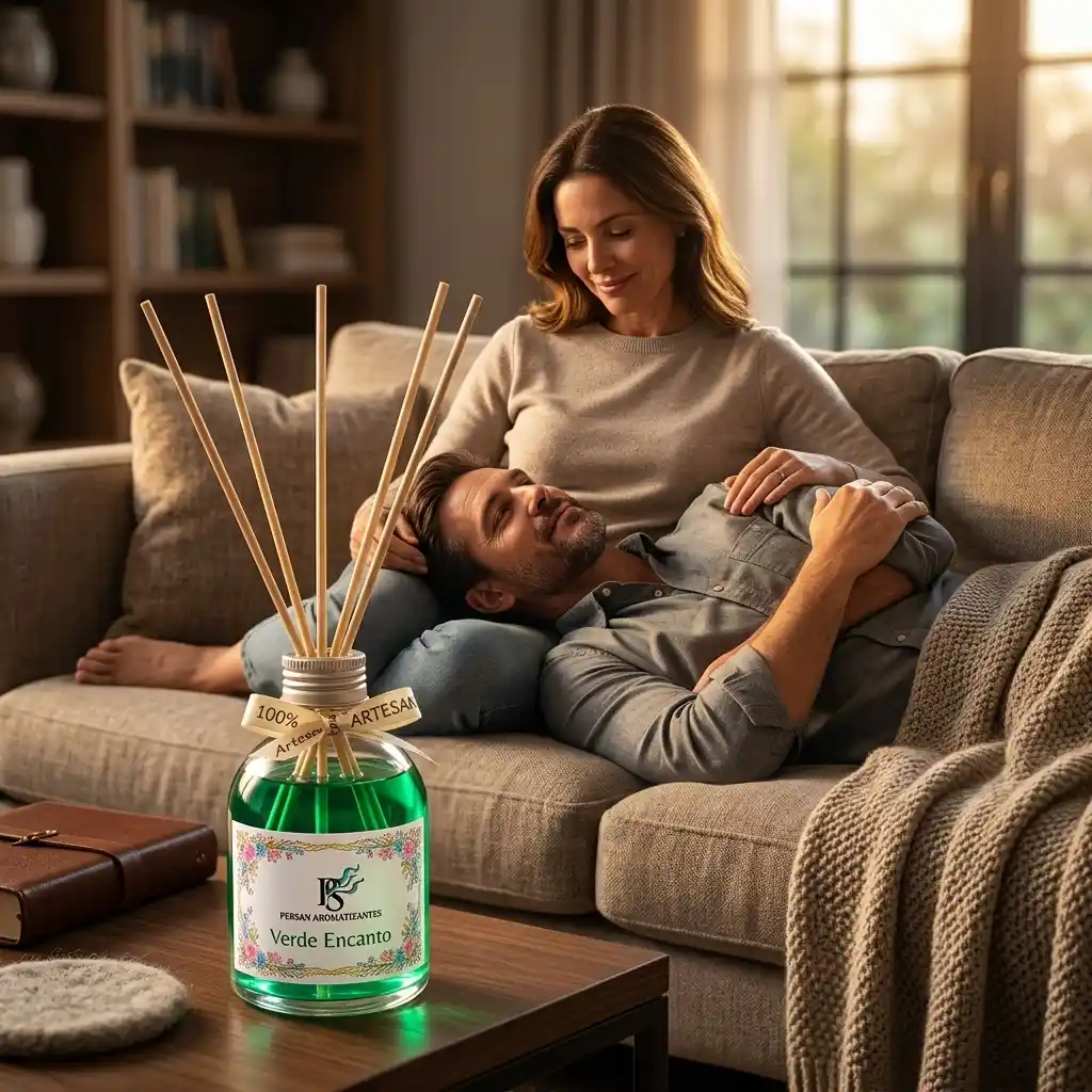 Não Perca Seu Dinheiro Com Rede de Display Google Ads Esposa e marido namorando em um confortável sofá de casa. A frente o Difusor aromatizador Verde Encanto da Persan