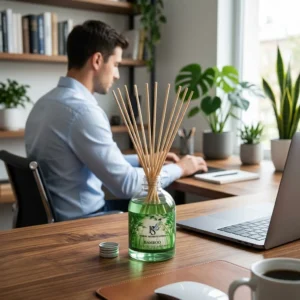 Homem trabalhando em casa com o cheiro gostoso do Aromatizador Difusor de Aromas Bamboo Home Office