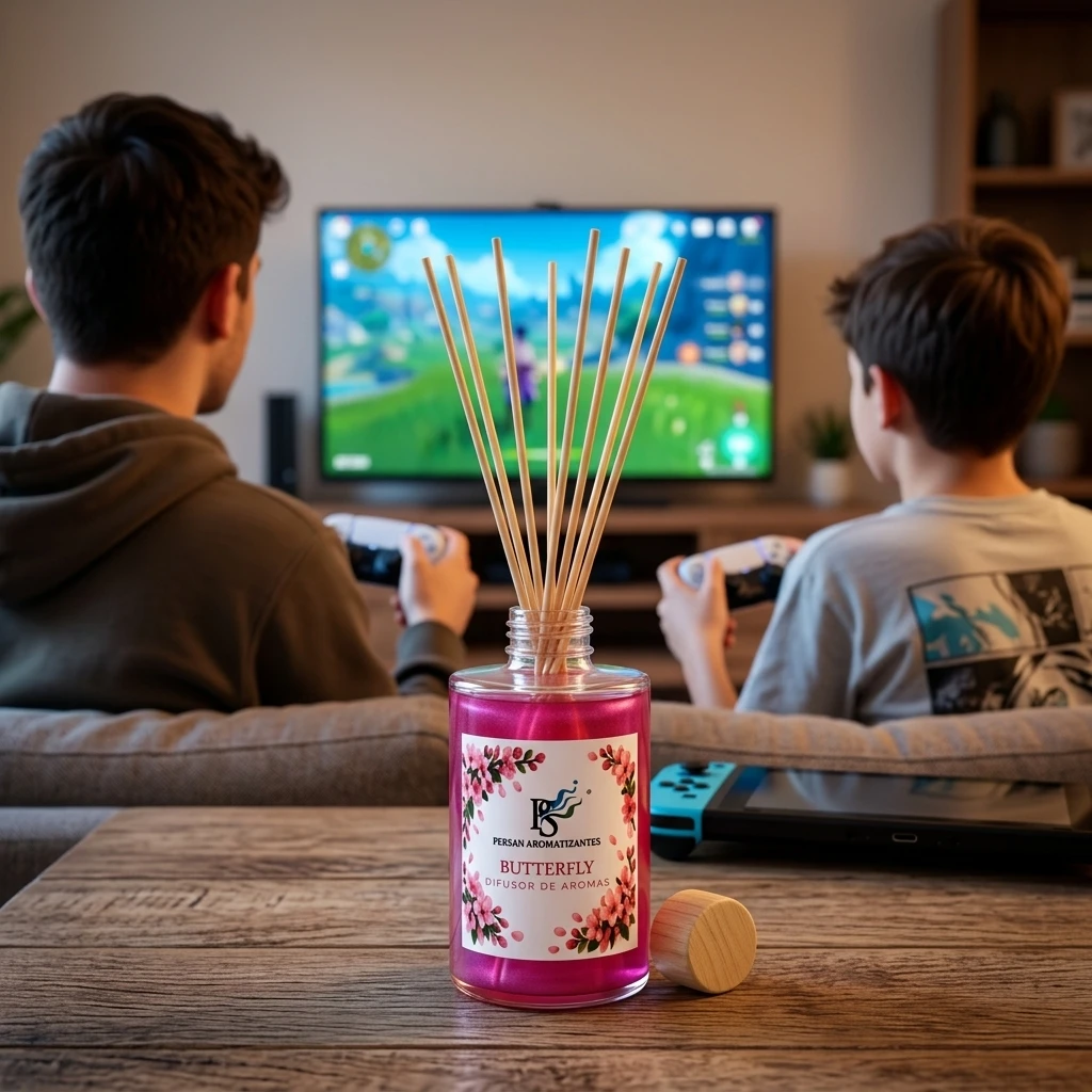 Garotos jogando videogame com o Aromatizador Difusor de Aromas para Casa Butterfly Irmãos Jogando Videogame na sala de estar
