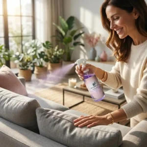 Mulher aplicando Água para Lençóis Lavanda em almofadas do sofá