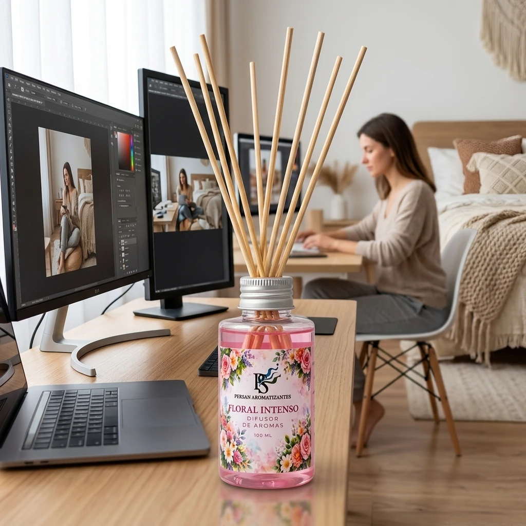 Mulher trabalhando em casa em seu quarto com o Difusor de aromas Floral Intenso