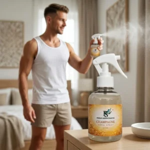Home borrifando Home Spray na parede de seu quarto