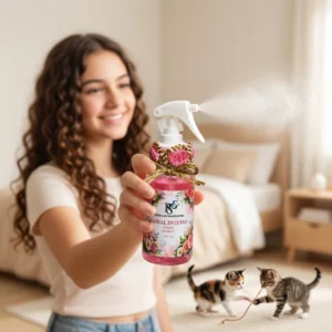 Garota borrifando o Home Spray Floral Intenso em seu quarto