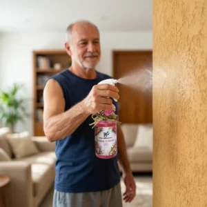 Homem aposentado aplicando o perfume de ação rápida na parede Home Spray Floral Intenso Persan
