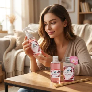 Kit Aromatizador Butterfly Mulher Lendo Rótulo na Sala