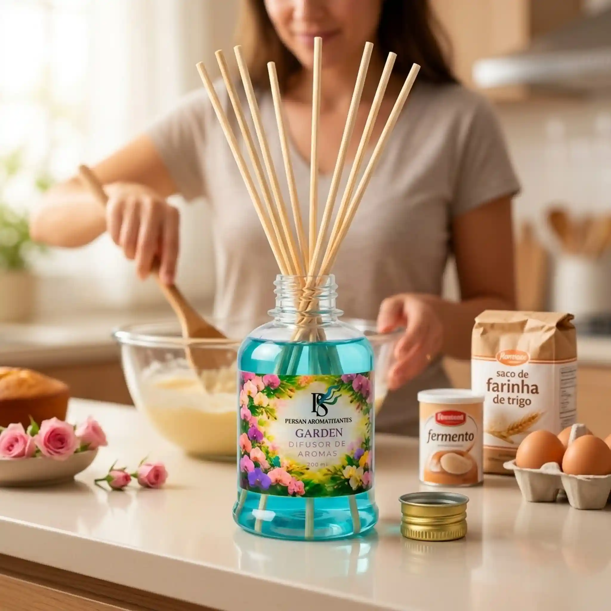 Mulher com o Difusor Aromatizador Garden na Cozinha