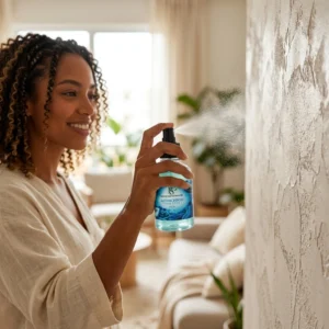 Mulher aplicando o Home Spray Aroma Aconchego na Sala de Estar