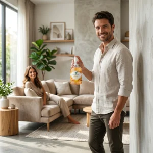 Homem aplicando o Aromatizador Home Spray Frescor