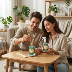Casal montando um Kit Aromatizador Garden na Sala