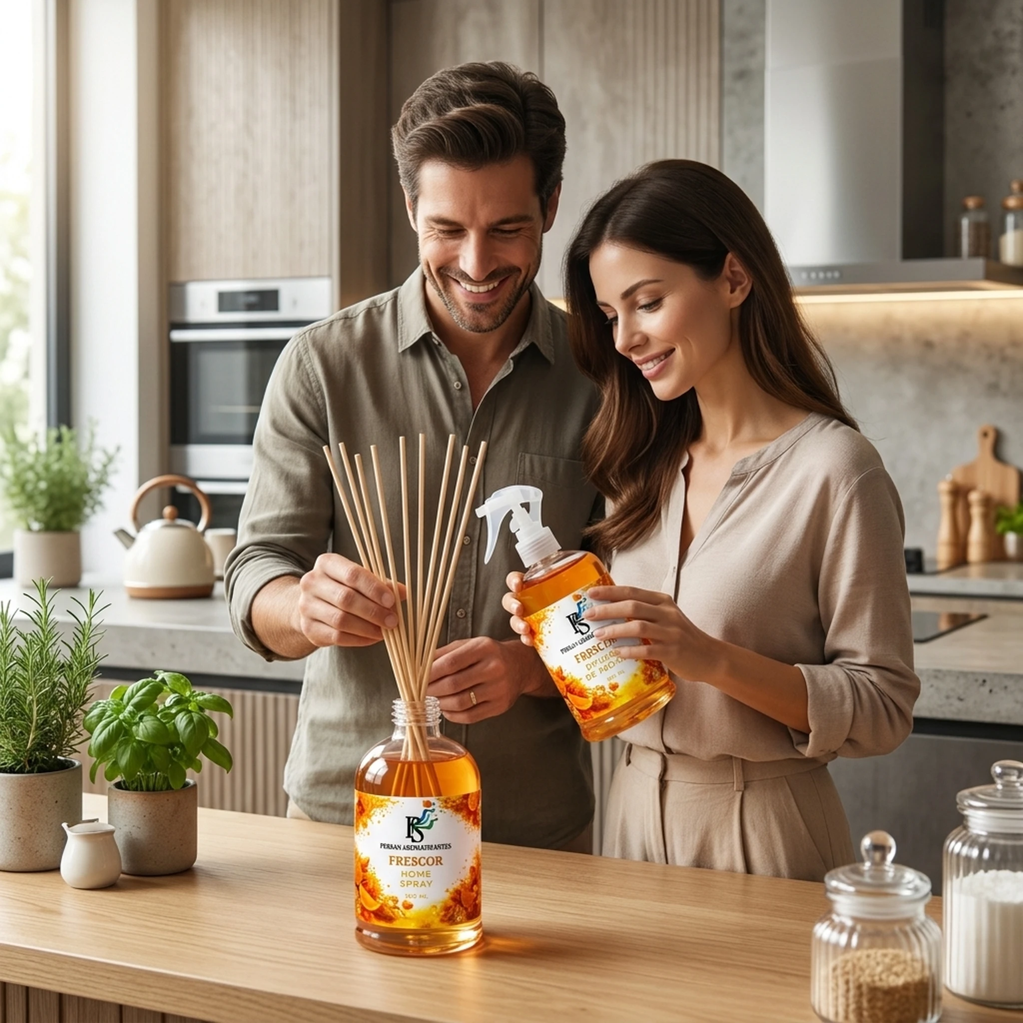 Homem e Mulher montando o Montando o Kit Aromatizador Difusor e Home Spray Aroma Frescor