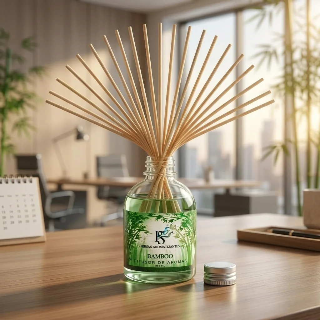 Difusor de aromas de Bamboo da Persan Aromatizantes posicionado em uma mesa de home office de madeira com varetas em leque.