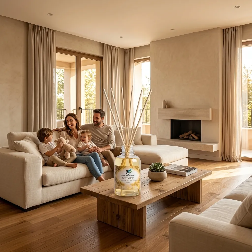 Zoneamento Olfativo: Como Perfumar Cada Cômodo Aromatizador Difusor Elegance na mesa da sala marcando zoneamento Olfativo