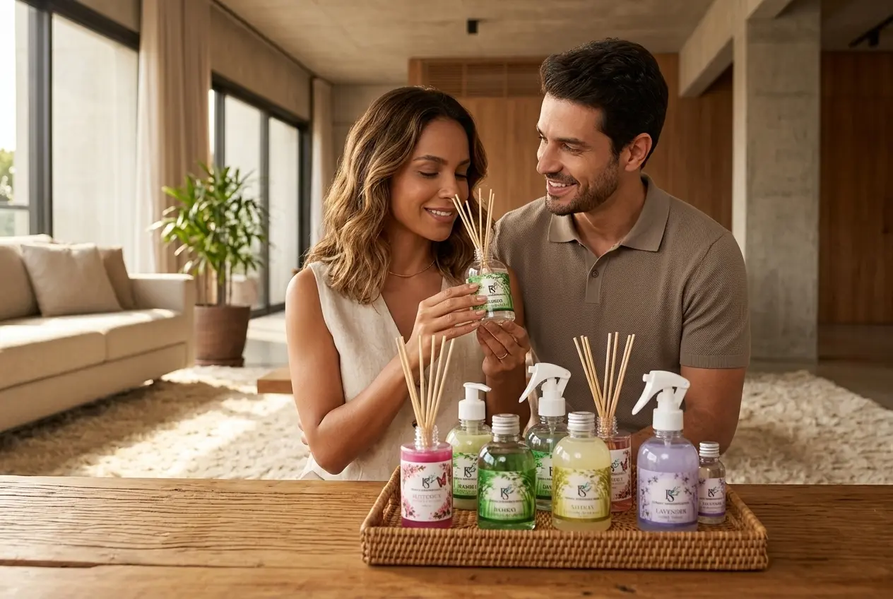 O que é Scent Layering e Como Funciona a Aromatização de Ambientes Casal Escolhendo mistura de aromas para comodos da casa