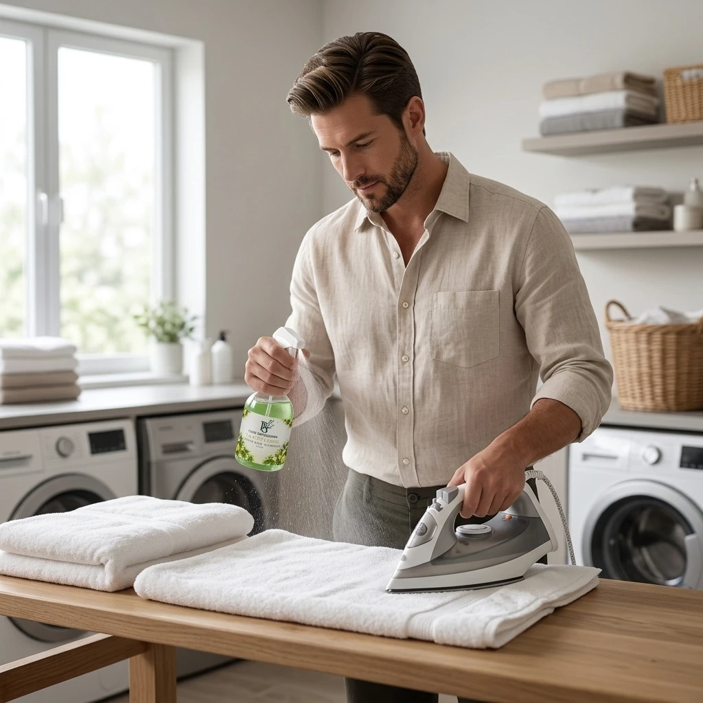 O que é a Água Perfumada para Lençóis e como ela age? Homem passando roupas de banho e aplicando água para lençóis