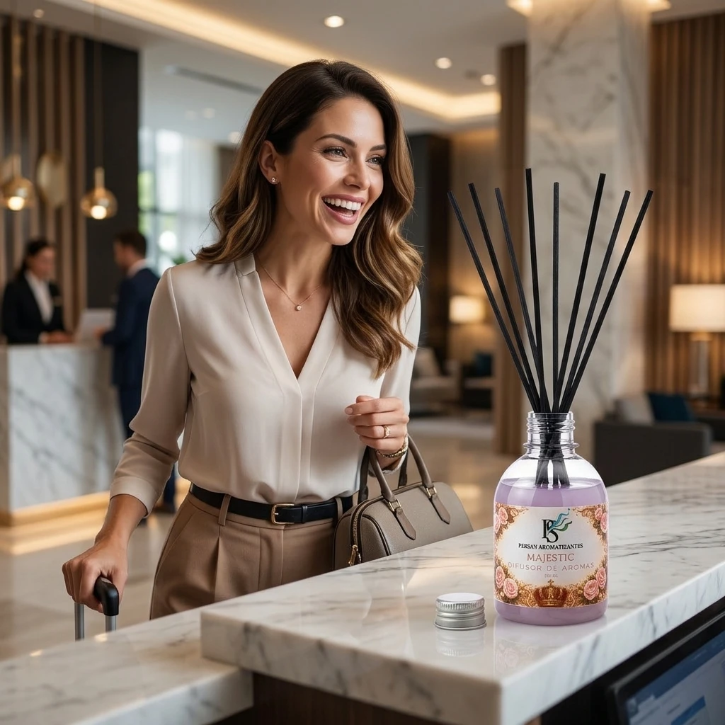 Mulher chegando ao Hotel e sente o Aroma delicioso