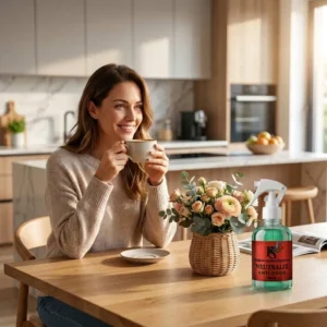Mulher tomando café com o mau cheiro neutralizado pelo Neutralix da Persan Aromatizantes