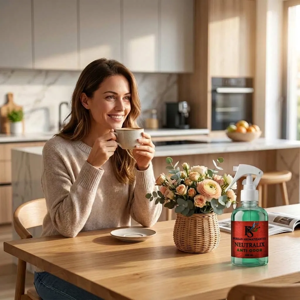Mulher tomando café com o mau cheiro neutralizado pelo Neutralix da Persan Aromatizantes