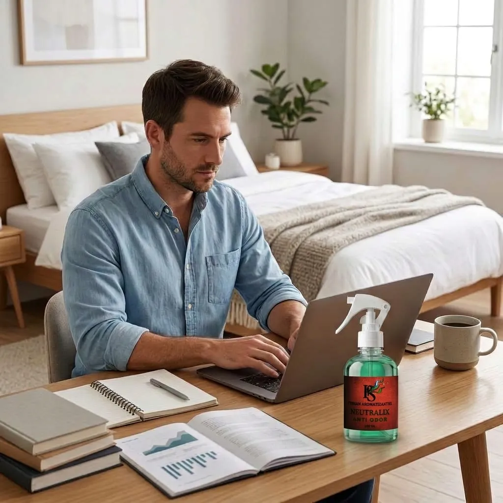 Homem trabalhando em seu quarto em Home Office Com o Neutralizador de odores Neutralix da Persan Aromatizantes