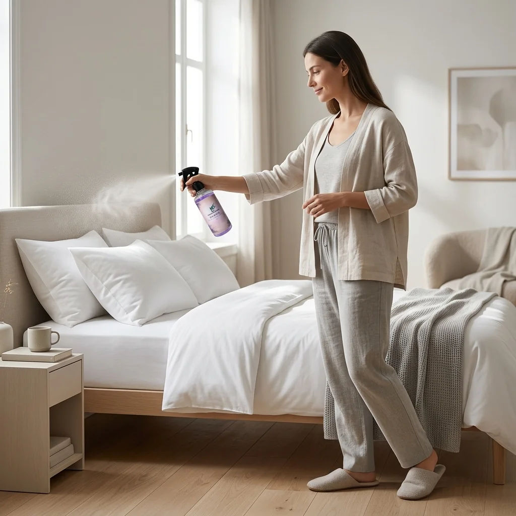 Mulher aplicando Água para Lençóis de Lavanda Pura em seu quarto