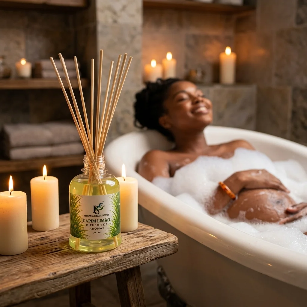 Ritual de Banho Gestante Capim Limão Mulher grávida relaxando em uma banheira à luz de velas e aroma com Difusor de varetas Capim Limão